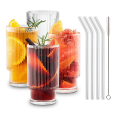 Ribbed Glass Cups Ribbed Glassware Cocktail Glasses with Straws 12Oz, Drinking Glasses Set of 4. 