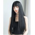 South Korea wig female black long hair soft girl realistic wig Japanese internet celebrity air bangs temperament face repair wigs. 