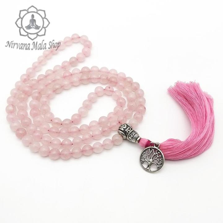 Unisex Rose Quartz Stone Mala/Necklace With Life Of Tree Charm & Tassel