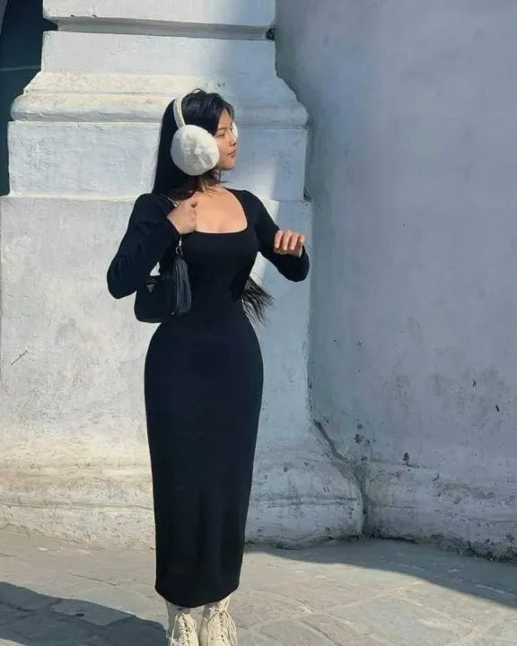 Black%20Square%20Neck%20Bodycon%20Dress%20For%20Women%20-%20Image%203