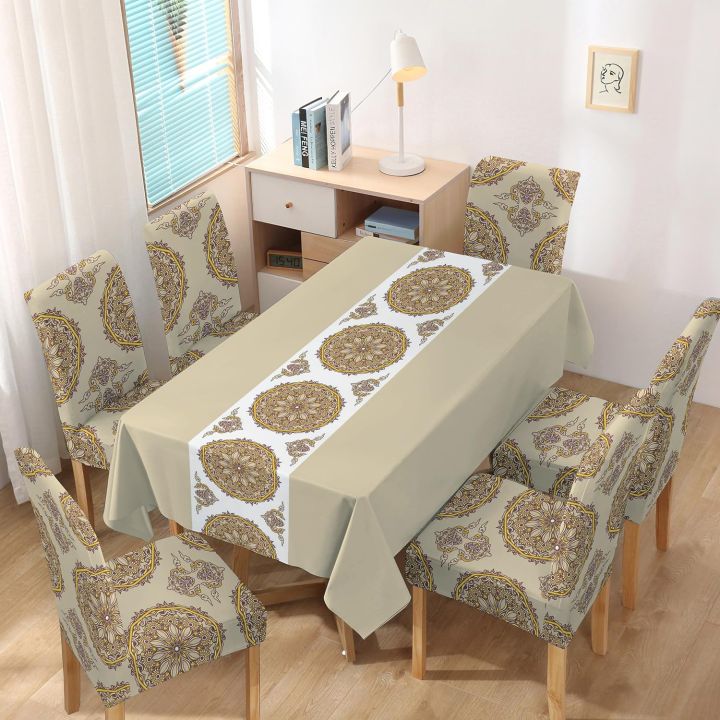 Printed Dining Table Cloth with Dining Chair Covers Set (6 Seater Table Cover + 6 Chair Cover