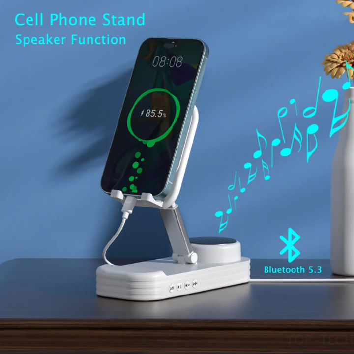 Cell Phone Stand with Wireless Bluetooth Speaker Foldable Adjustable Mobile Phone Holder Anti-Slip Design Phone Support