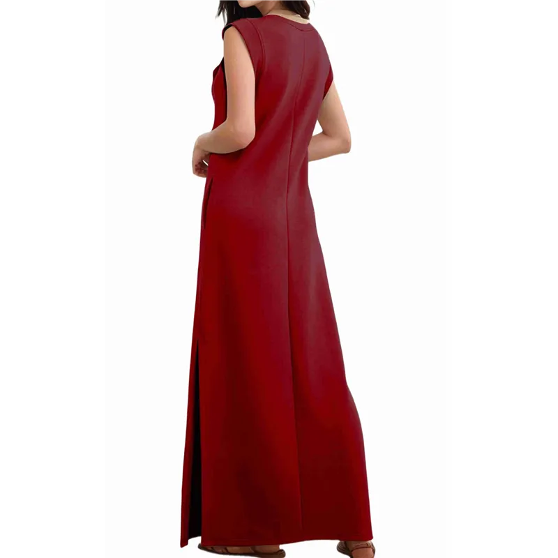 2025 Women Summer Round Neck Casual Loose Split Wrinkle-Free Long Maxi  Vacation Dress with Pockets | Daraz.com.np