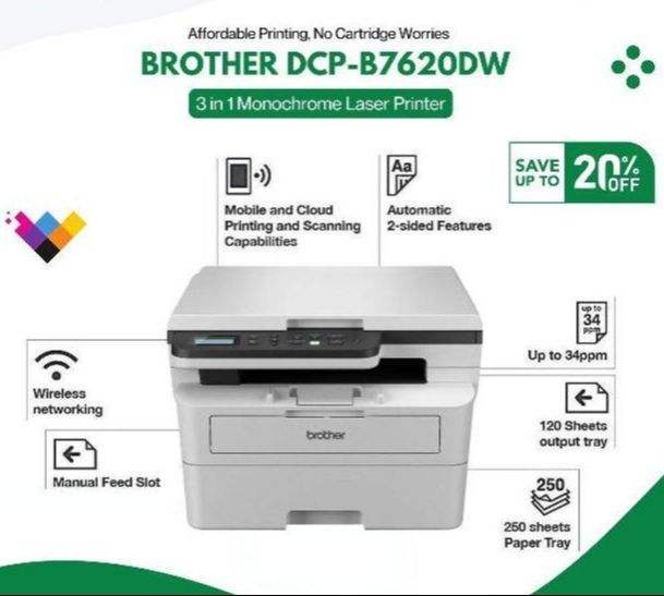 Brother DCP-B7640DW 3-in-1 Laser Printer - Mono, 2-Sided print ADF Feature White