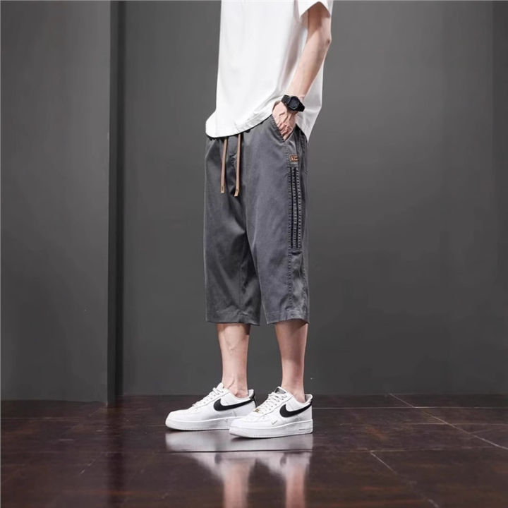 Casual pants men's 2025 summer thin ice silk sports cropped pants trendy brand loose casual shorts