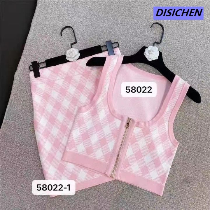 DISICHEN 【Shop with Confidence】 Academy Style Suit Summer Korean Style Sweet Short-sleeved Women's Plaid Camisole Vest + Knitted Skirt Fashion