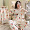 DISICHEN Three-Piece Set Women Sleepwear Silk Short-Sleeved Trousers Pajamas Ladies Cartoon Bear Cherry Lapel Cardigan Nightwear 2025 New. 