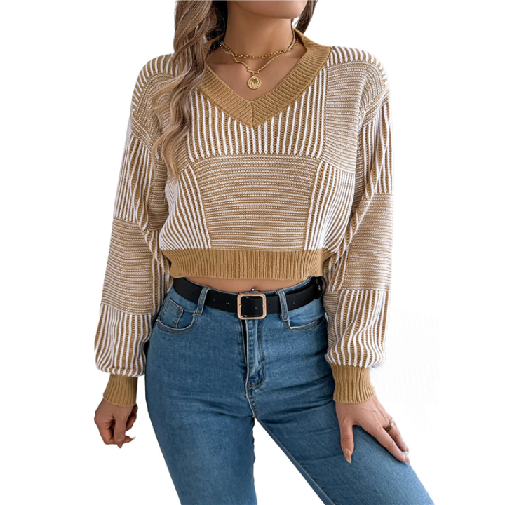 Women'S Cropped Sweater V-Neck Long Sleeve Crop Sweater Pullover Jumper Knit Top Khaki XL