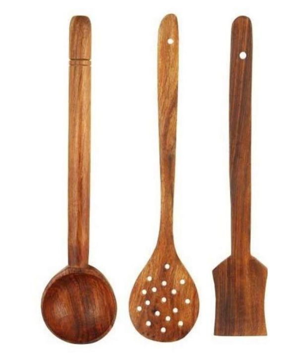 Set of 3 High Grade Teak Wooden Kitchen Utensil Set, Dark Brown Wood Cookware Spoon and Spatula Salad Fork 3 Pieces