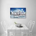 Single Panel Seven White Horse Running On Bluish Water In Morning Matte Canvas Cotton Print. 