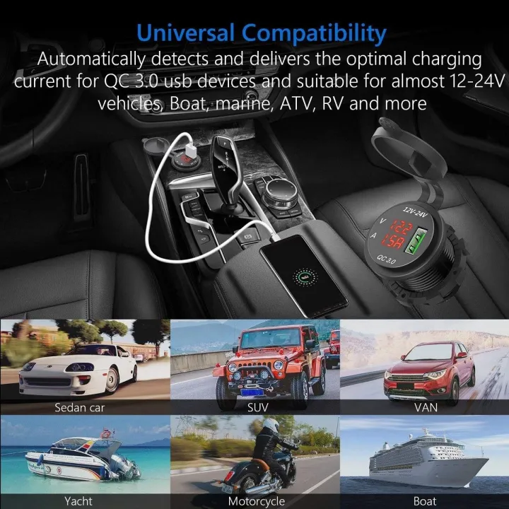 NAMUNY%202Pcs%2012V%20/%2024V%20Fast%20Charging%203.0%20Car%20Lighter%20Socket%20Usb%20Charger%20Led%20Voltmeter%20Ammeter%20Black%20&%20Red%20&%20Black%20&%20Blue%20-%20Image%207