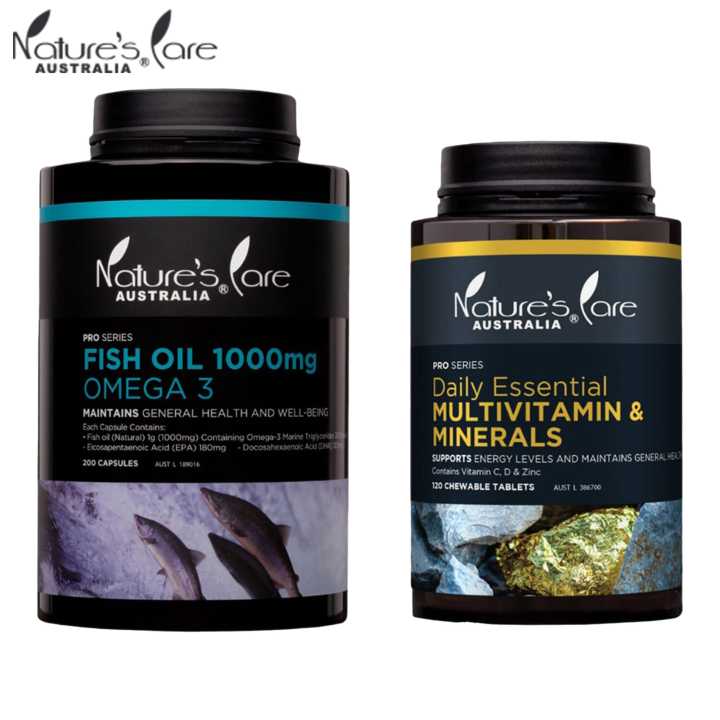 Nature's Care Set Of 2 Food Supplements, Fish Oil 1000mg Omega 3, 200 Capsules & Multivitamin 120 Tablets
