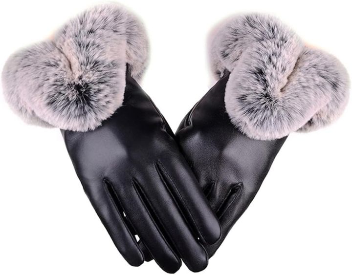 Women'S%20Touchscreen%20Leather%20Winter%20Gloves%20With%20Faux%20Fur%20Pom-Pom%20-%20Image%203
