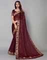 Fabdale Lycra Blend Saree with Floral & Geometric Prints, Lace & Tassels | Dark Brown (SMH-022). 