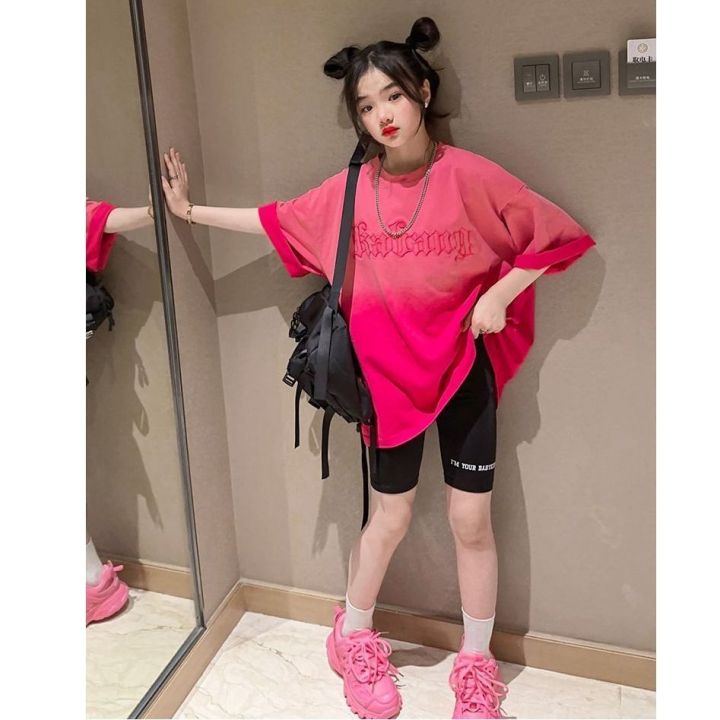 Ice silk girl gradient T-shirt skirt mid-length short-sleeved summer children's clothes children's fried street celebrity half-sleeved top