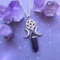Triple Goddess Crystal Point Pentacle Moon Necklace, Moonstone Pendant Wiccan Witchcraft Collar Jewelry Women Creative Gift. 