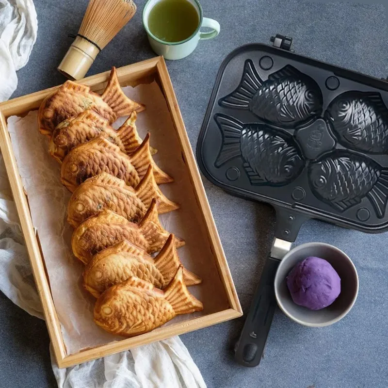 Taiyaki Fish-Shaped Pancake/Waffle Maker Pan - Double Non-Stick Baking Mold With 4 Cavities, Aluminum
