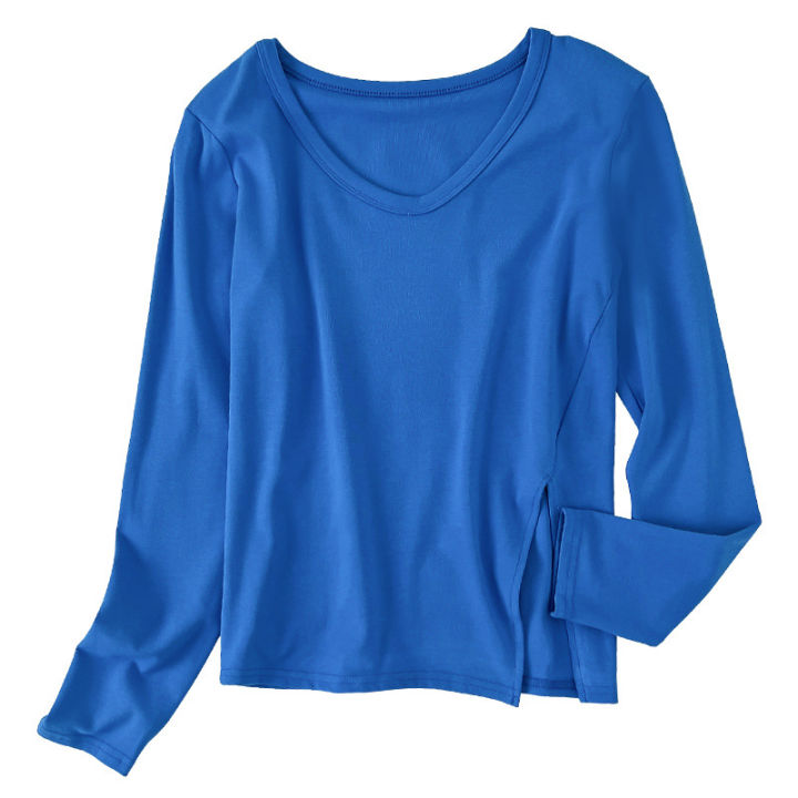 Women's%20new%20t-shirt%20spring%20top%20tide%202022%20design%20sense%20niche%20V-neck%20long%20sleeve%20slit%20irregular%20base%20shirt%20-%20Image%205