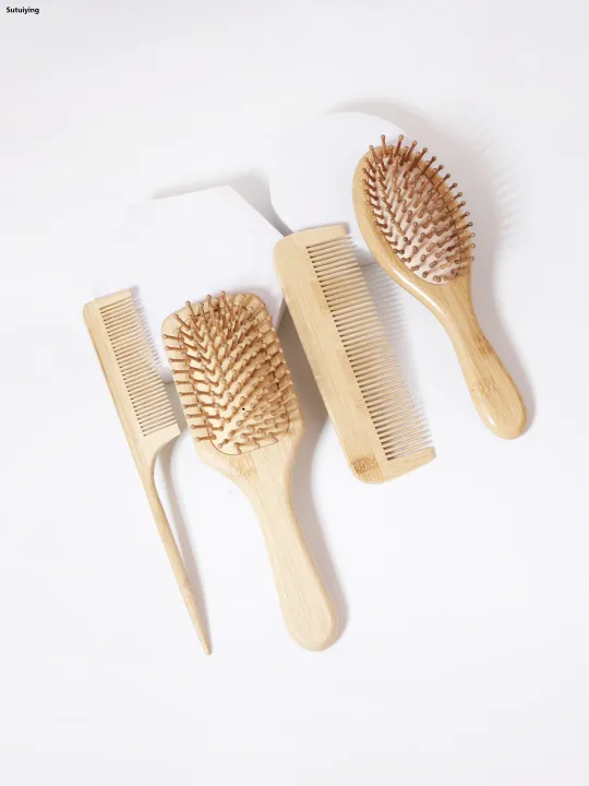 Sutuiying%204PCS%20natural%20bamboo%20and%20wood%20comb,%20anti-static,%20pointed%20tail%20comb,%20Fifty%20percent%20discount%20oval%20square%20scalp%20massage%20brush,%20dry%20and%20wet%20dual-purpose%20-%20Image%203