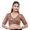 Multicolor V- Neck Quarter Sleeve Floral Embroidred Back Zippered Design Readymade Blouse For Women. 