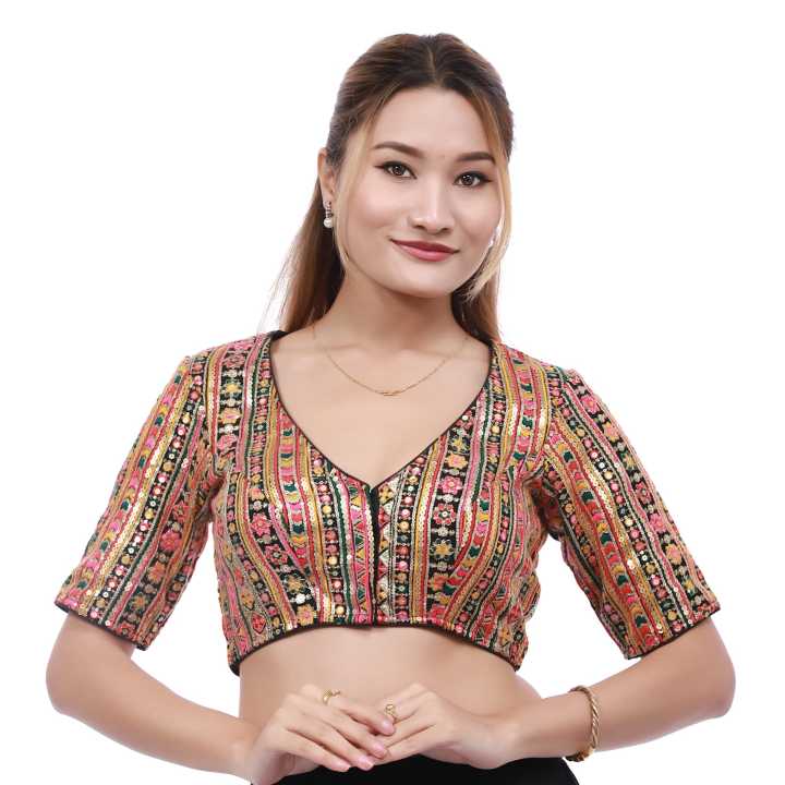 Multicolor V- Neck Quarter Sleeve Floral Embroidred Back Zippered Design Readymade Blouse For Women