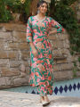 Fabdale Green & Pink Floral Print Kurta Palazzo Co-ord Set | Wedding, Party & Festive Wear (RYEX007). 