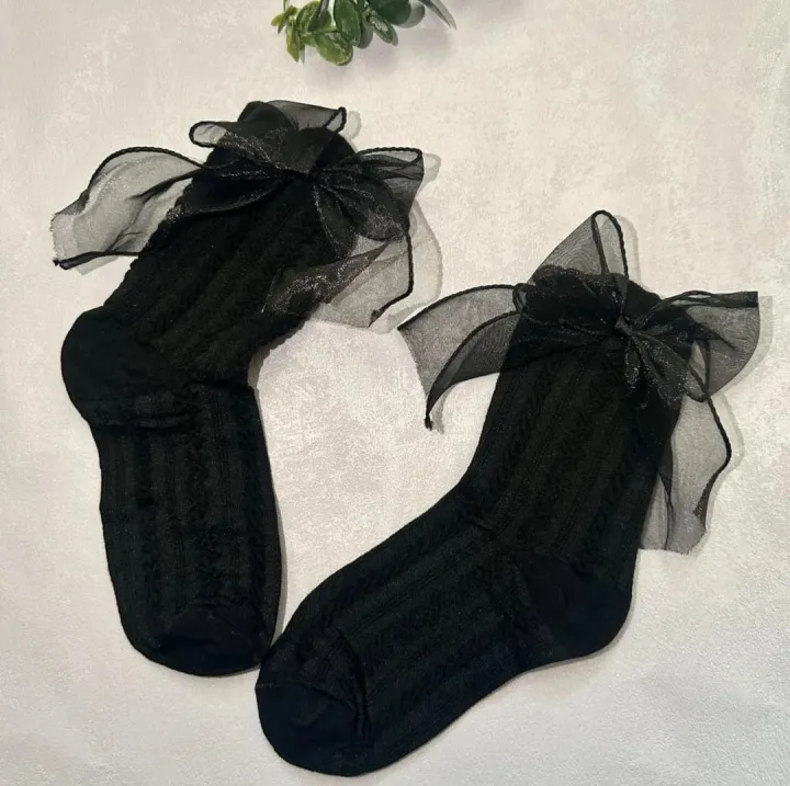 Socks%20For%20Women%20Summer%20Cotton%20Blend%201%20Pair%20Ruffle%20Bowknot%20Cute%20Casual%20Style%20Black%20and%20White%20-%20Image%203