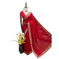 Red Silk Floral Golden Border Design Saree For Women (Unstitched Blouse). 