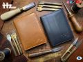 Hz Minimalist Vertical Leather Wallet Compact Bifold with ID Window & Card Slots, Handmade Stitched Short Purse for Men & Women. 