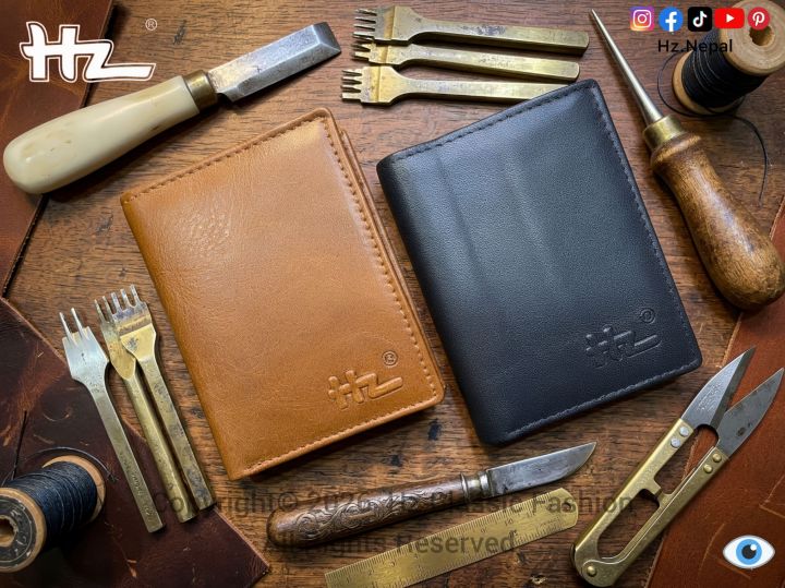 Hz Minimalist Vertical Leather Wallet Compact Bifold with ID Window & Card Slots, Handmade Stitched Short Purse for Men & Women