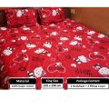 Lovely Kitty + Heart on Dark Red Background King Size Cotton Bedsheets With 2 Piece Pillow Cover. 