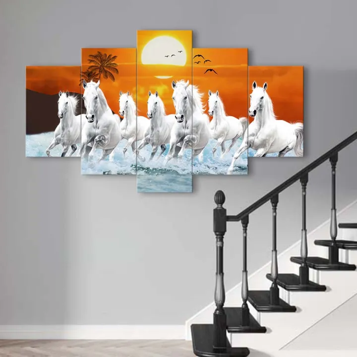 5%20Panel%20Custom%20Manipulated%20seven%20white%20horse%20Significant%20on%20Vastu%20Matte%20Canvas%20Cotton%20Print%20Large%20Size%20-%20Image%207