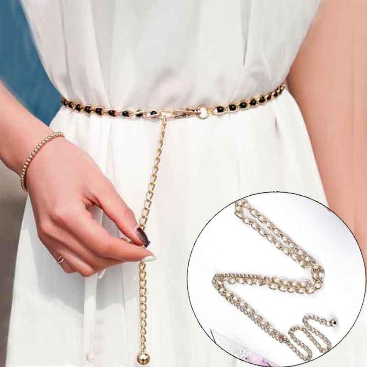 Women Fashion Adjustable Colorful Metal Pearl Beaded Thin Waist Belt