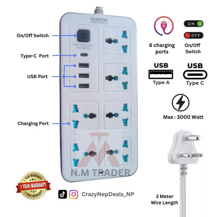 3000W%20Silvertek%20Multiplug%20with%201-C-Type,%203-USB%20&%206-charging%20port%20%7C%203%20&%205%20meter%20wire%20%7C%20Suitable%20for%20all%20the%20home%20appliances%20(Washing%20machine,%20freeze,%20TV,%20Iron)%20%7C%20Extension%20Cord%20634U%20-%20Image%202