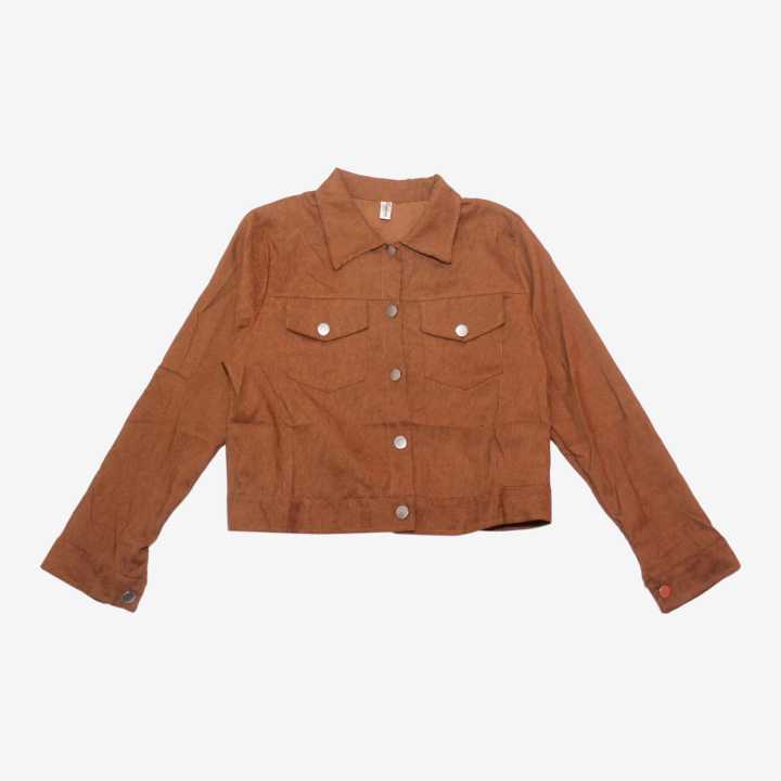 Brown Color Front Pocket Design Corduroy Crop Jacket For Girls