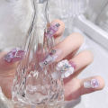 Fairy Flower Nails with White Bow Crystal Design Korean Sweet Style Nails for Lady Girls Artificial Nails Handmade. 