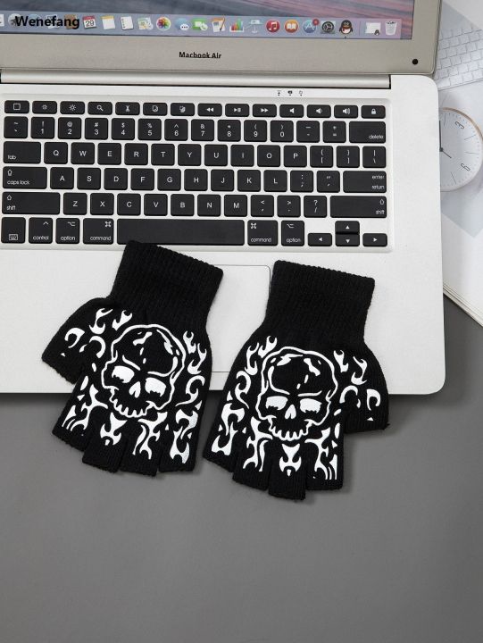 Wenefang 1pcs New Kids Halloween Skeleton Skull Half Finger Luminous Punk Gloves Winter Skull Fingerless Black Mitten
