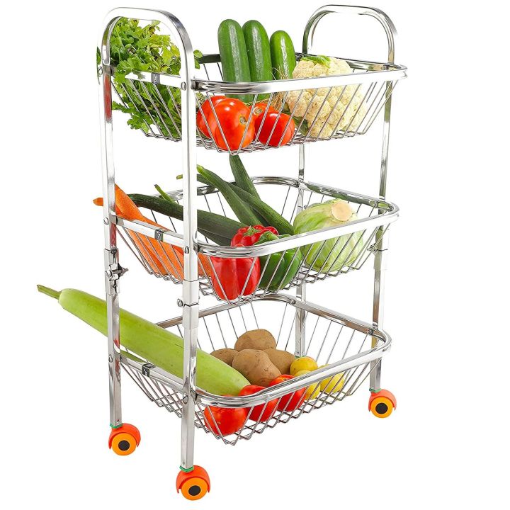 Stainless Steel 3 Layer Fruit & Vegetable Kitchen Trolley Basket Organizer With Wheels