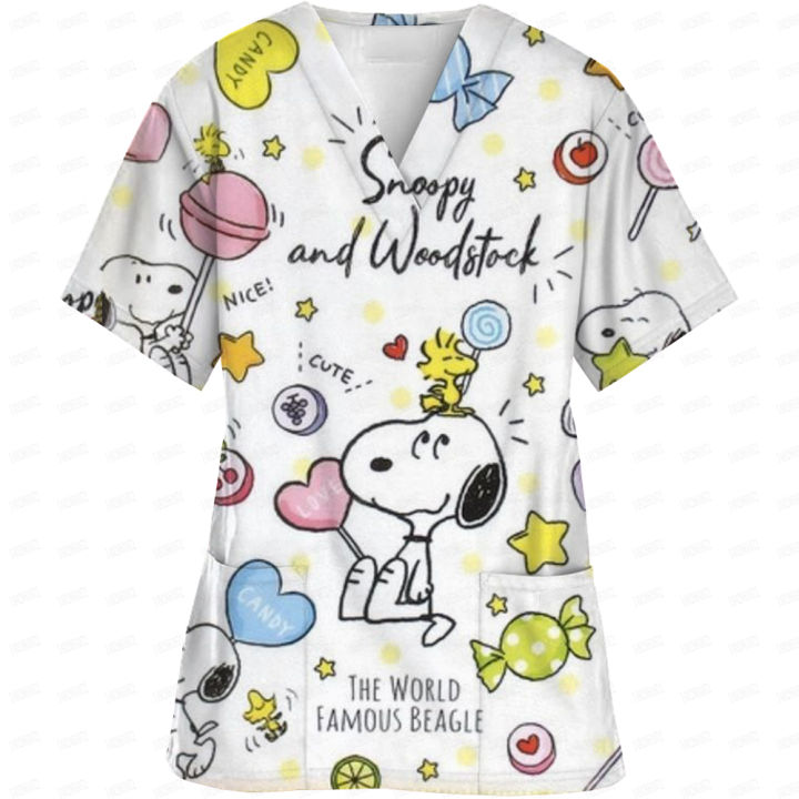 Surgical%20Wear%20Work%20Clothes%20Cartoon%20Snoopy%20print%20Hand%20Washing%20Nurse%20Uniform%20Women's%20V%20Neck%20Short%20Sleeve%20T-Shirt%20Tops%20-%20Image%204
