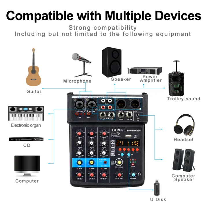 BOMGE%204%20Channel%20mini%20DJ%20Audio%20Sound%20Mixer%20Interface%20with%20MP3%E3%80%81%20%20Bluetooth%20,%20Stereo%20Recording,%2048V%20Phantom%20Power,%2024%20DSP%20for%20karaoke,%20performance,%20%20singing%20%E3%80%81%20podcas%20streaming%20-%20Image%203