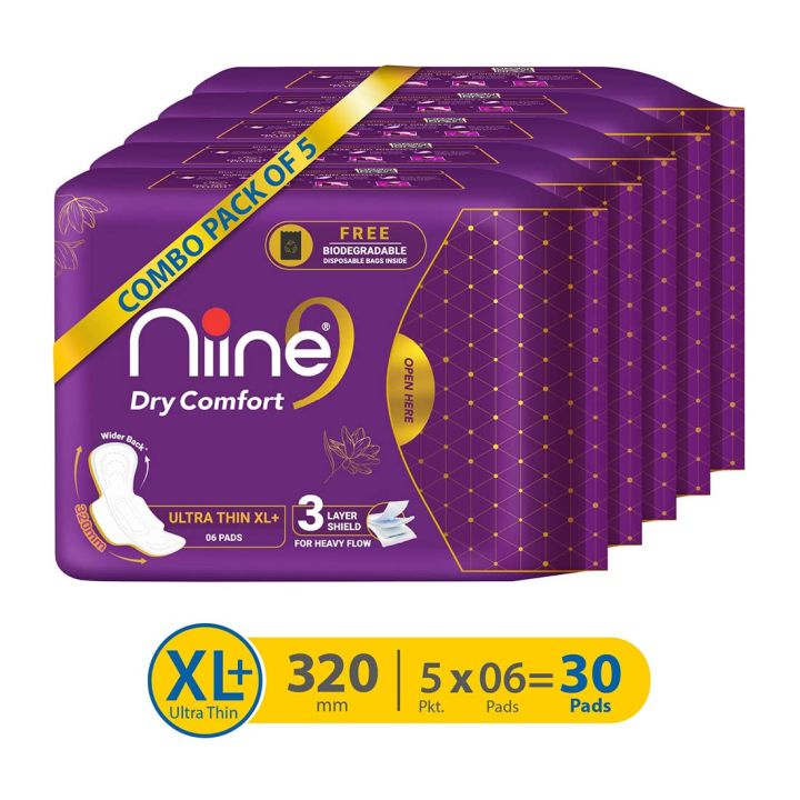 NIINE Dry Comfort Ultra Thin XL+ Sanitary Napkins for HEAVY FLOW, With Biodegradable Disposable Bags Inside (Pack of 5), (6*5 =30 Pads)