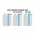 30 Values 1W Zener Diode Assorted Kit 3V 3.3V 3.6V 5.1V 5.6V 7.5V 10V 12V 13V 15V 16V 18V 20V 22V 24V 30V 33V 47V Assortment Set. 