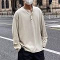 Spring and Autumn Henry collar long-sleeved T-shirt men's fashion brand loose casual American retro fashion button pullover sweater. 