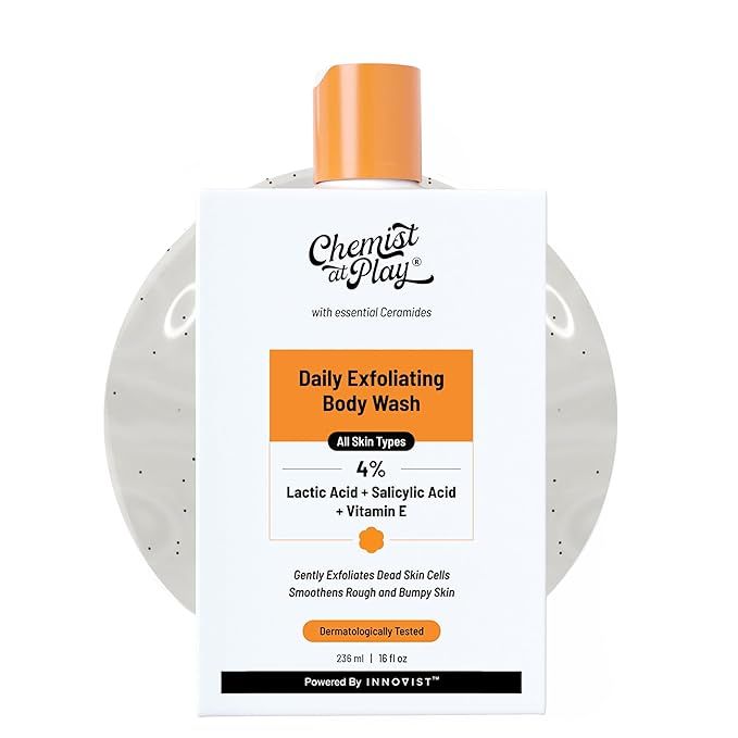 Chemist At Play Exfoliating Body Wash 236ml | 4% (Salicylic Acid, Vitamin E and Lactic Acid) | Paraben & SLS Free | Gentle Exfoliating Shower Gel | Removes Tan & Body Acne | Prevents Dry, Rough, Bumpy Skin | Men & Women