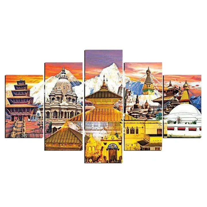 5%20Piece%20Temples%20of%20Nepal%20Scene%20Canvas%20Art%20with%20Wooden%20back%20Frame%20by%20Om%20Suva%20Trades%20-%20Image%202