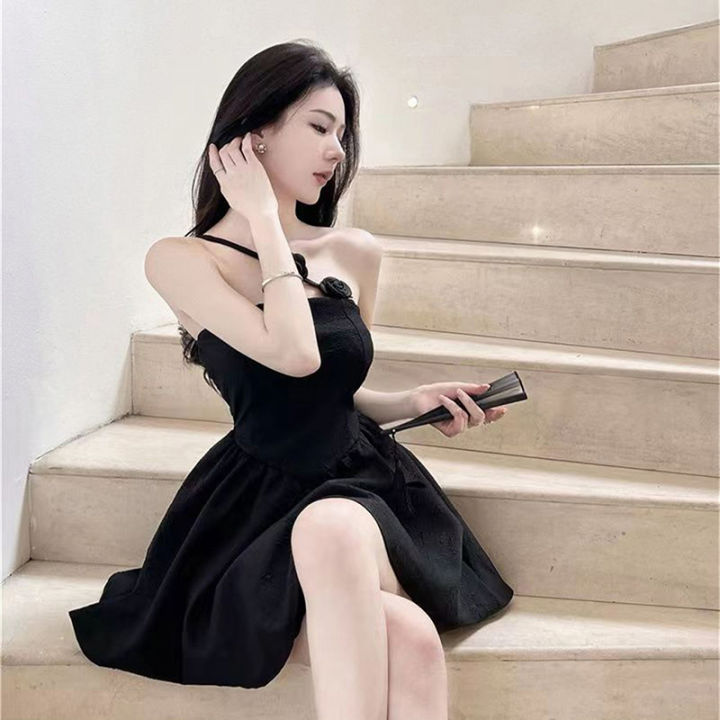 open lace back dress New Arrival Fashion Korean Spring Midi Party Dress Women OL Temperament Sexy V-Neck Vintage Puff Sleeve Slim Beach Holiday Dress Black / XL
