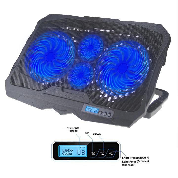 Laptop Cooling Pad 4 Fans Adjustable 10 Inch to 17 Inch Notebook Cooler, Blue Light, S18 For Any Laptop Speed Control Button