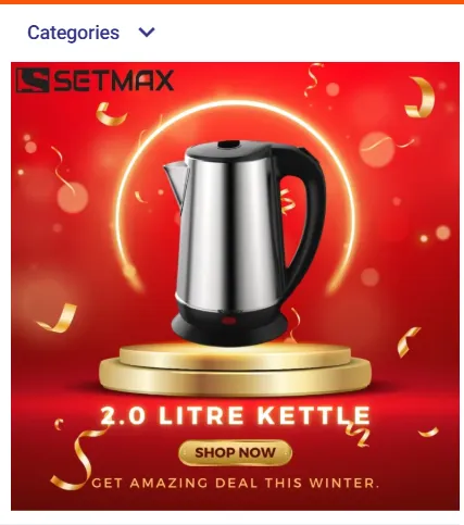 Setmax Electric Kettle/ Jug - 2 Ltr | 15 Months Warranty | Stainless Steel | Autocut | Indicator light | 1500W | Temperature Control | 1.2m Long Cord | Aura STK451