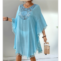 Tassel Swimsuit Cover Up Dress for Women Bohemian Bathing Suit Coverups Batwing Hollow Out Crochet Beach Outfits. 