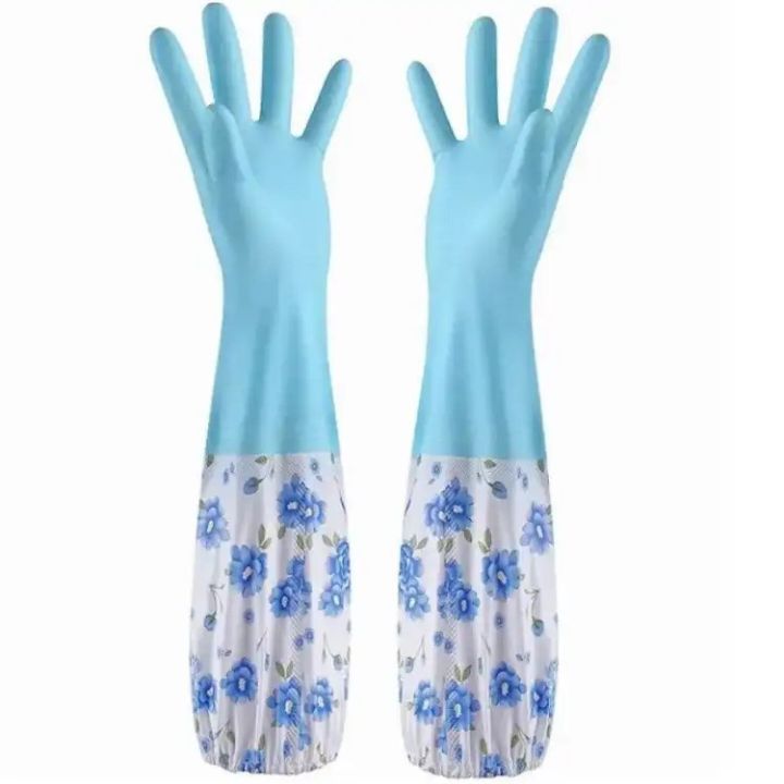 Kitchen Dish Washing And Cleaning Gloves With Sleeve (Fur Inside)